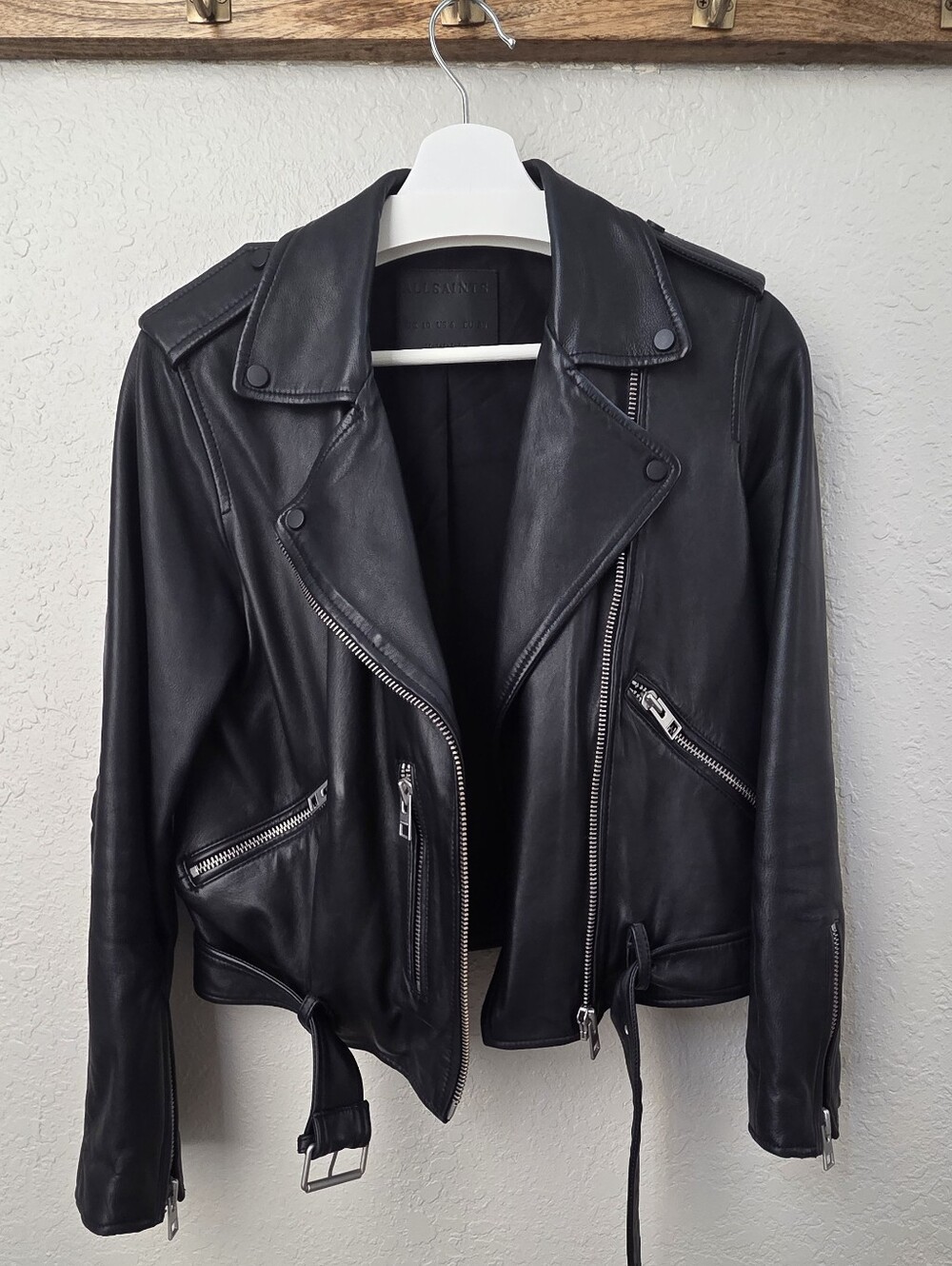AllSaints Balfern Black Leather Moto Jacket with Silver Hardware